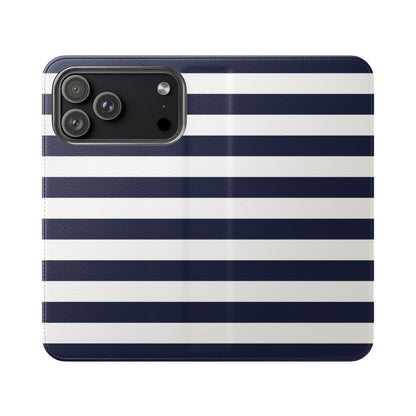 Navy and white striped flip phone case with card slots and built-in stand for iPhone and Samsung Galaxy
