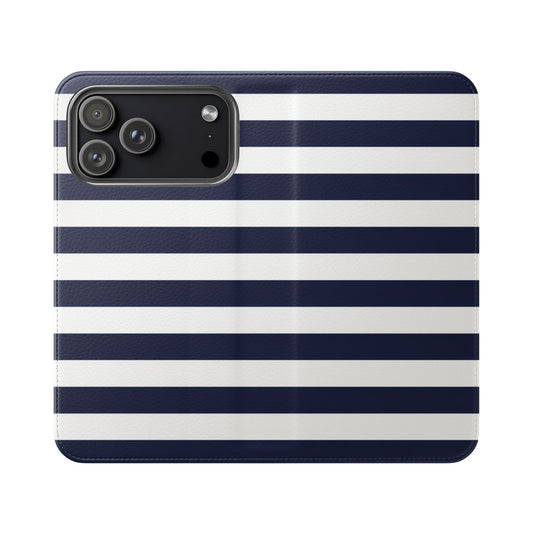 Navy and white striped flip phone case with card slots and built-in stand for iPhone and Samsung Galaxy
