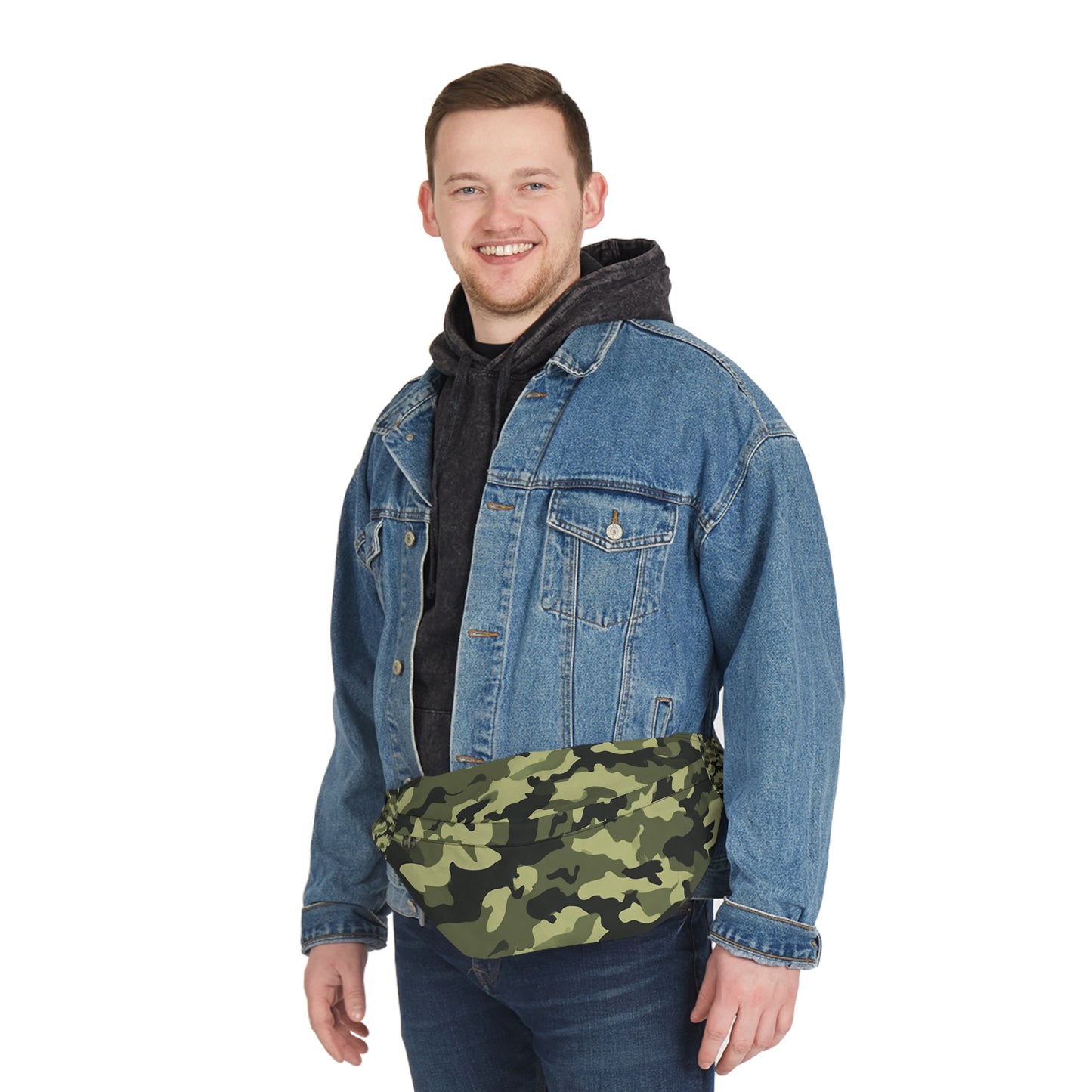 Man with army camo waist bag on chest – hands-free crossbody fanny pack for travel
