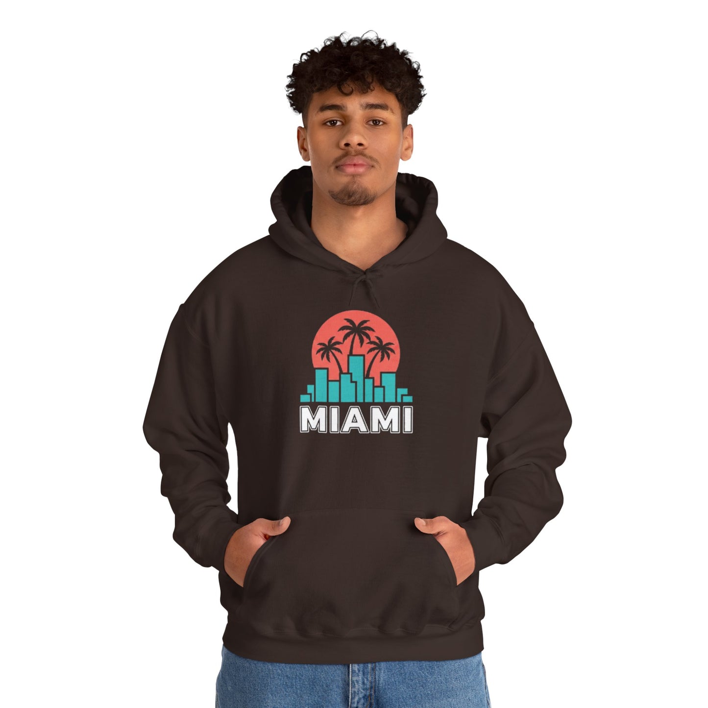 Miami Sunset Hoodie – Palm Tree & City Skyline Graphic Pullover