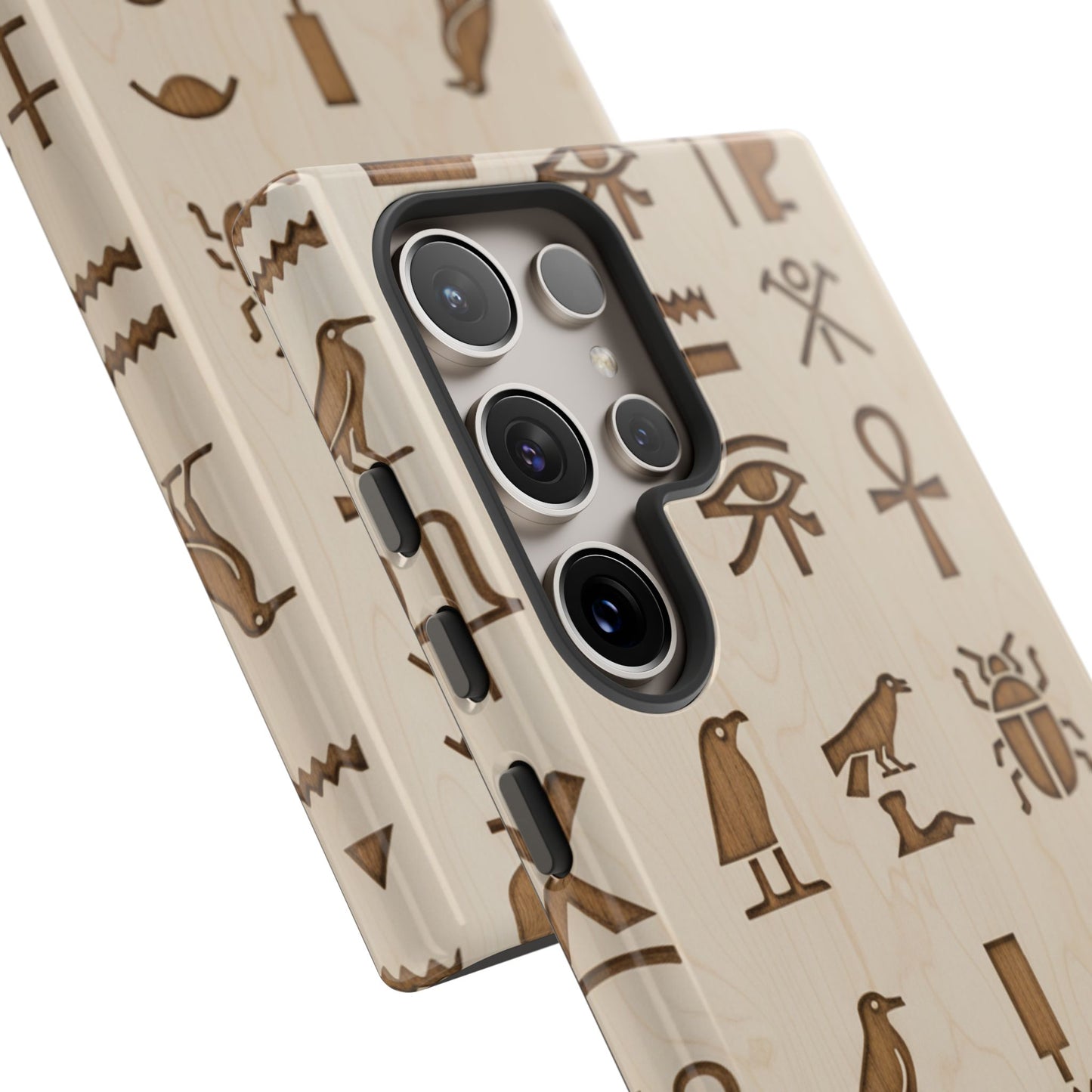 Egyptian Hieroglyphics Tough Phone Case - Wood Grain Ancient Symbols Protective Cover for iPhone, Samsung Galaxy & Google Pixel