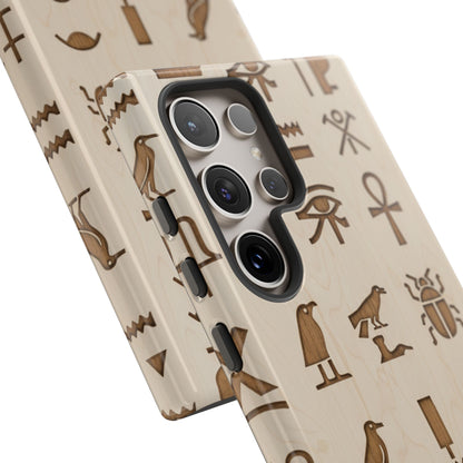 Egyptian Hieroglyphics Tough Phone Case - Wood Grain Ancient Symbols Protective Cover for iPhone, Samsung Galaxy & Google Pixel