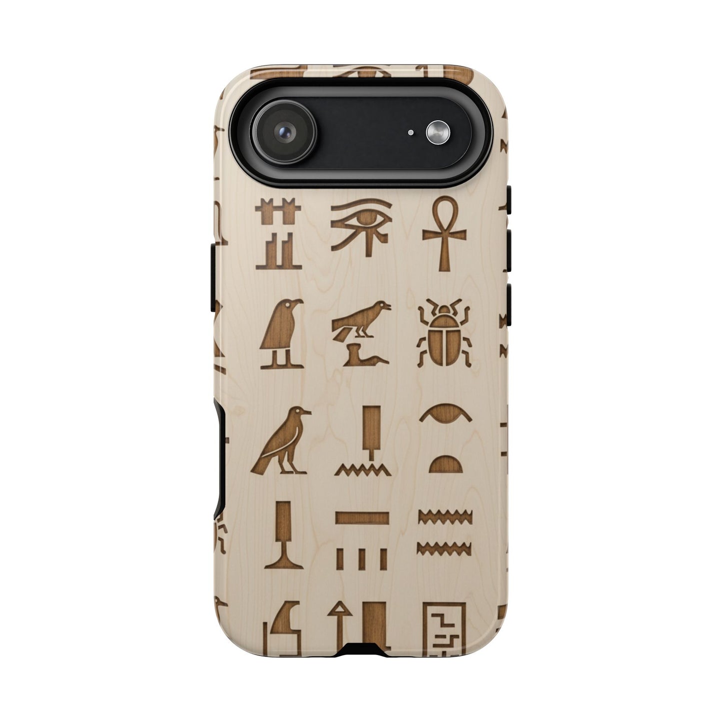 Egyptian Hieroglyphics Tough Phone Case - Wood Grain Ancient Symbols Protective Cover for iPhone, Samsung Galaxy & Google Pixel