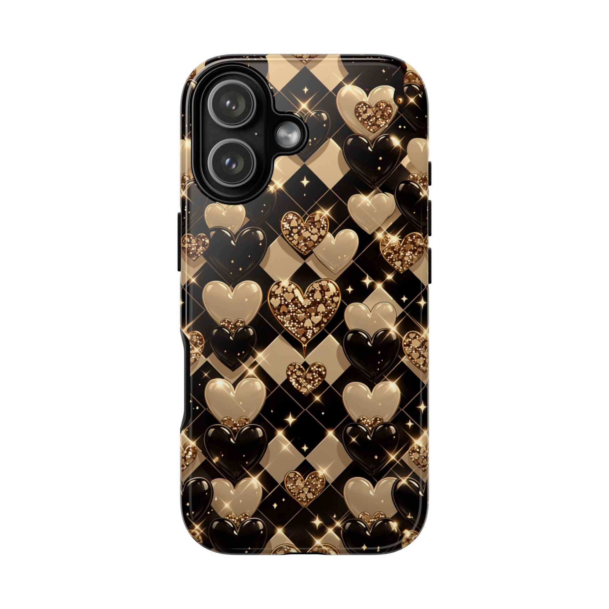 Luxury gold heart phone case - Sparkling checkerboard design for iPhone 17-8, Samsung Galaxy, Google Pixel with protective shell
