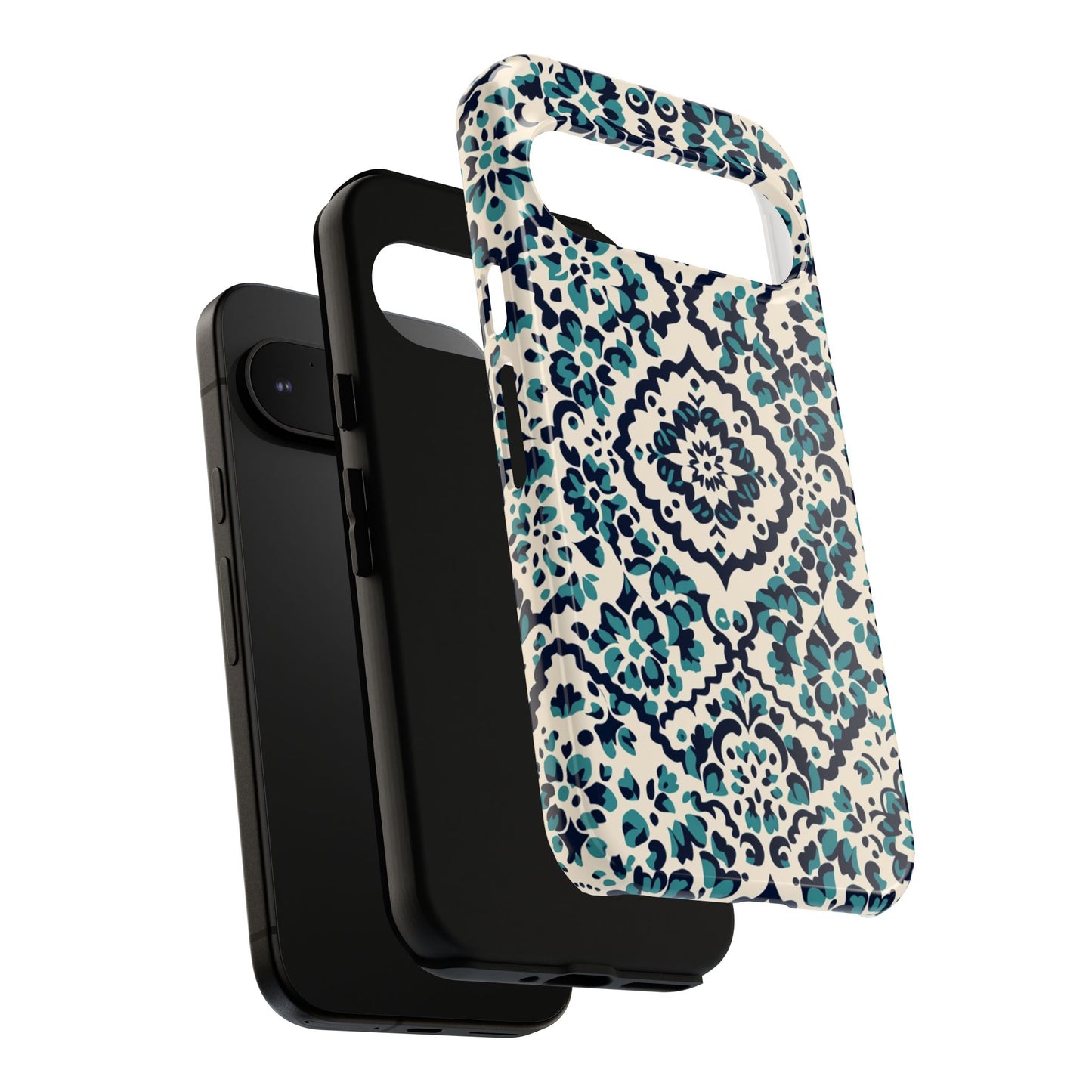 Boho Floral Phone Case - Teal Navy Vintage Pattern - Corner Detail Close-Up
