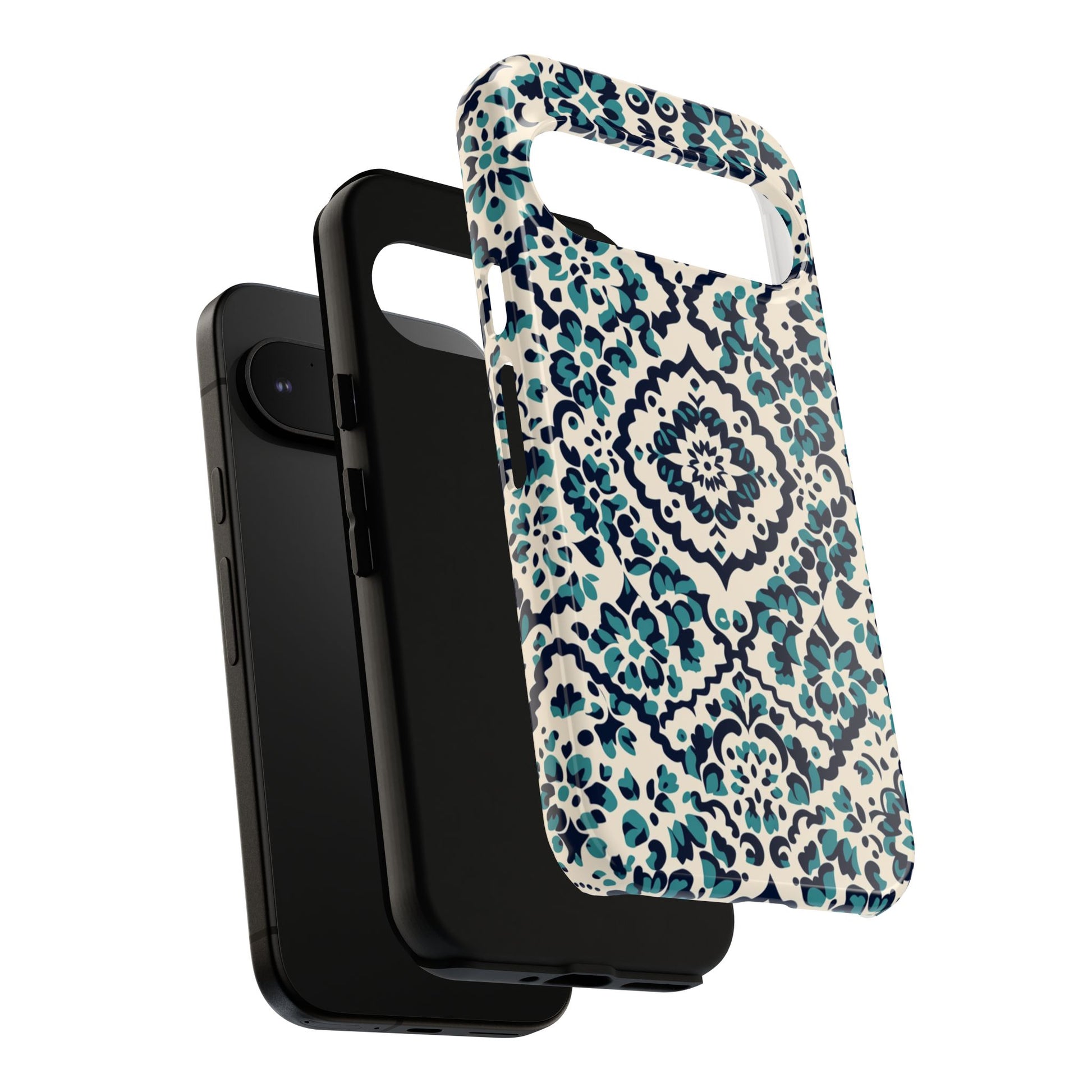 Boho Floral Phone Case - Teal Navy Vintage Pattern - Corner Detail Close-Up
