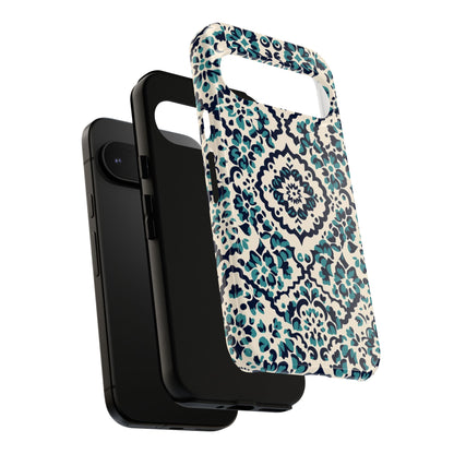 Boho Floral Phone Case - Teal Navy Vintage Pattern - Corner Detail Close-Up
