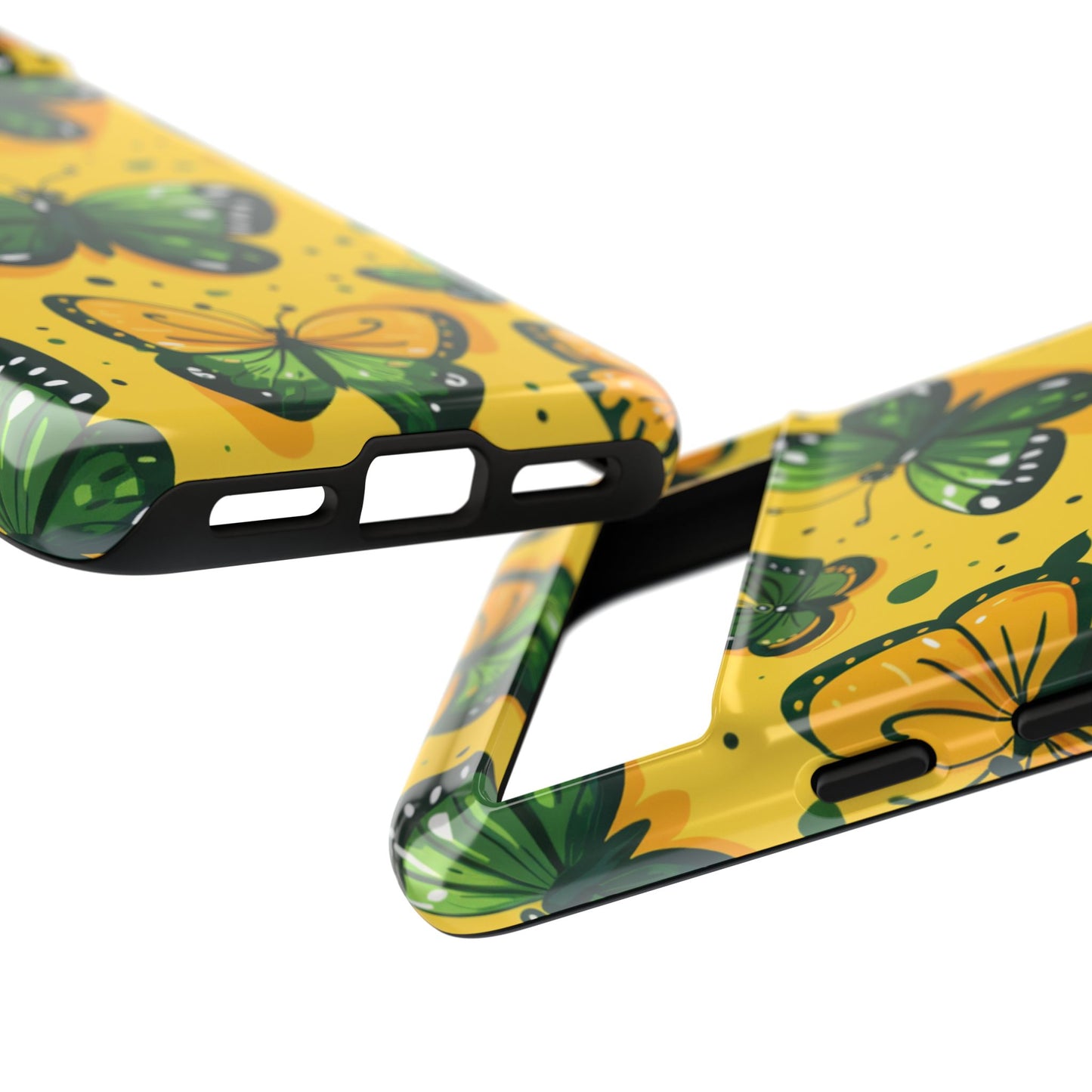 Robuste Handyhülle mit grünen Schmetterlingen – Schutzhülle mit gelbem Cartoon-Design für iPhone, Samsung Galaxy & Google Pixel