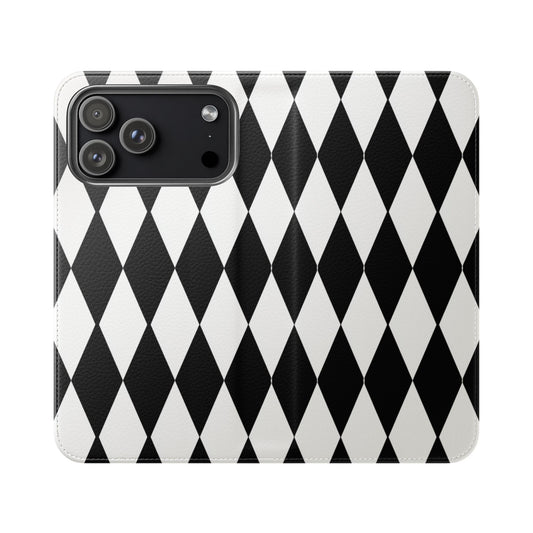 Black and white harlequin diamond flip case - classic geometric diamond pattern

