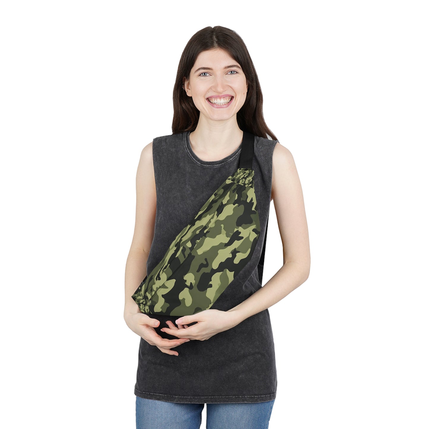 Woman wearing army green camo hip pack crossbody – adjustable belt waist bag for festivals
