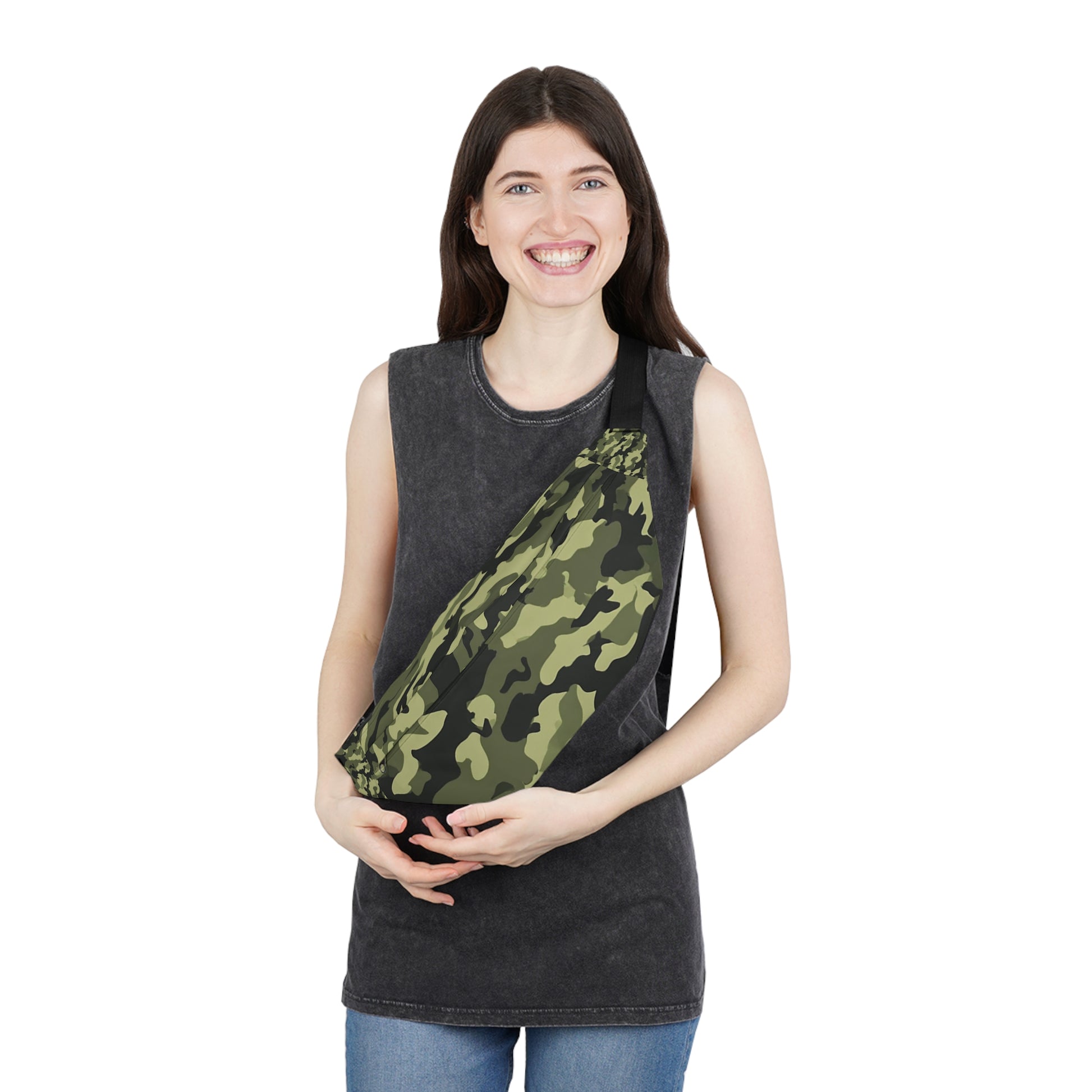Woman wearing army green camo hip pack crossbody – adjustable belt waist bag for festivals

