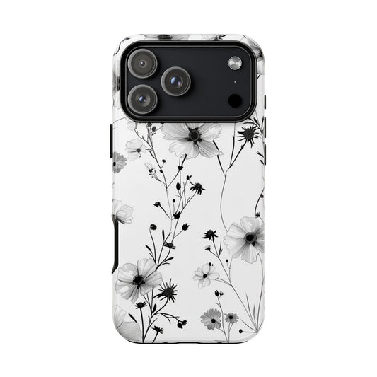 Floral Tough Phone Case - Monochrome Black & White Wildflower Protective Cover for iPhone, Samsung Galaxy & Google Pixel