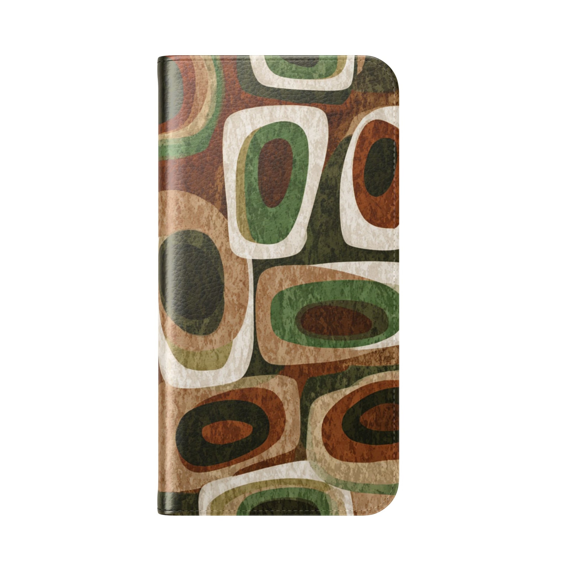 Vintage geometric wallet phone case with card slots and stand function featuring 70s-inspired abstract design