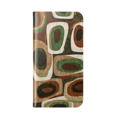 Vintage geometric wallet phone case with card slots and stand function featuring 70s-inspired abstract design
