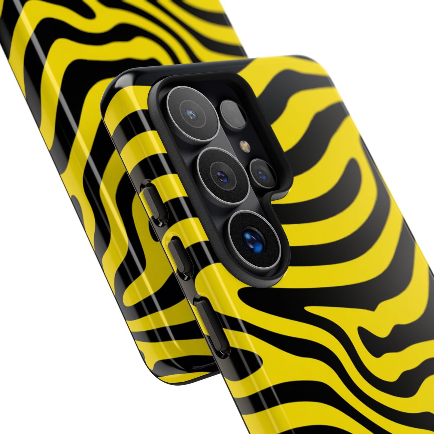 Wavy Lines Op Art Tough Phone Case with Psychedelic Yellow and Black Groovy Pattern - Compatible with iPhone 17 Air, Samsung Galaxy S26, and Google Pixel 9
