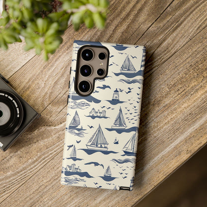 Seaside phone case featuring lighthouse and sailing boats - Slim profile dual-layer case for iPhone 17-8, Samsung Galaxy, Google Pixel
