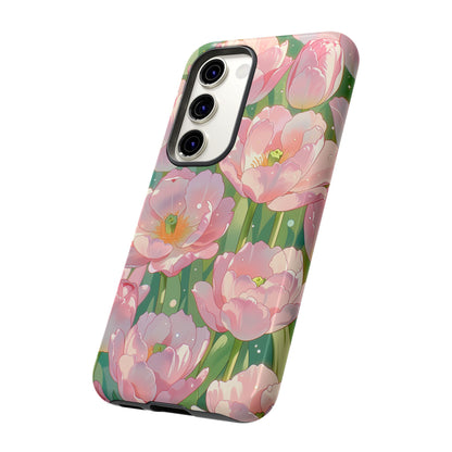 Floral Tulip Tough Phone Case - Pink Spring Blossom Watercolor Pattern Cover for iPhone, Samsung Galaxy & Google Pixel