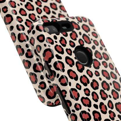Leopard print tough phone case showing glossy finish and precise camera cutouts
