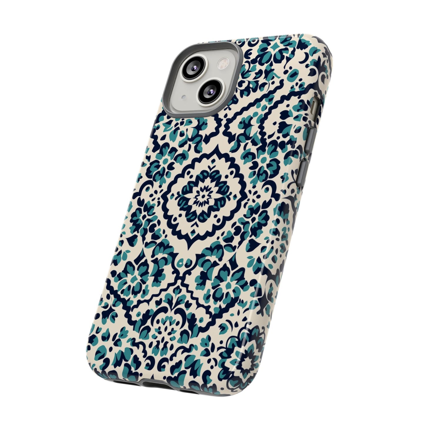 Florales Damast Tough Handyhülle – Petrol-Navy Gemusterter Schutzhülle für iPhone, Samsung Galaxy & Google Pixel