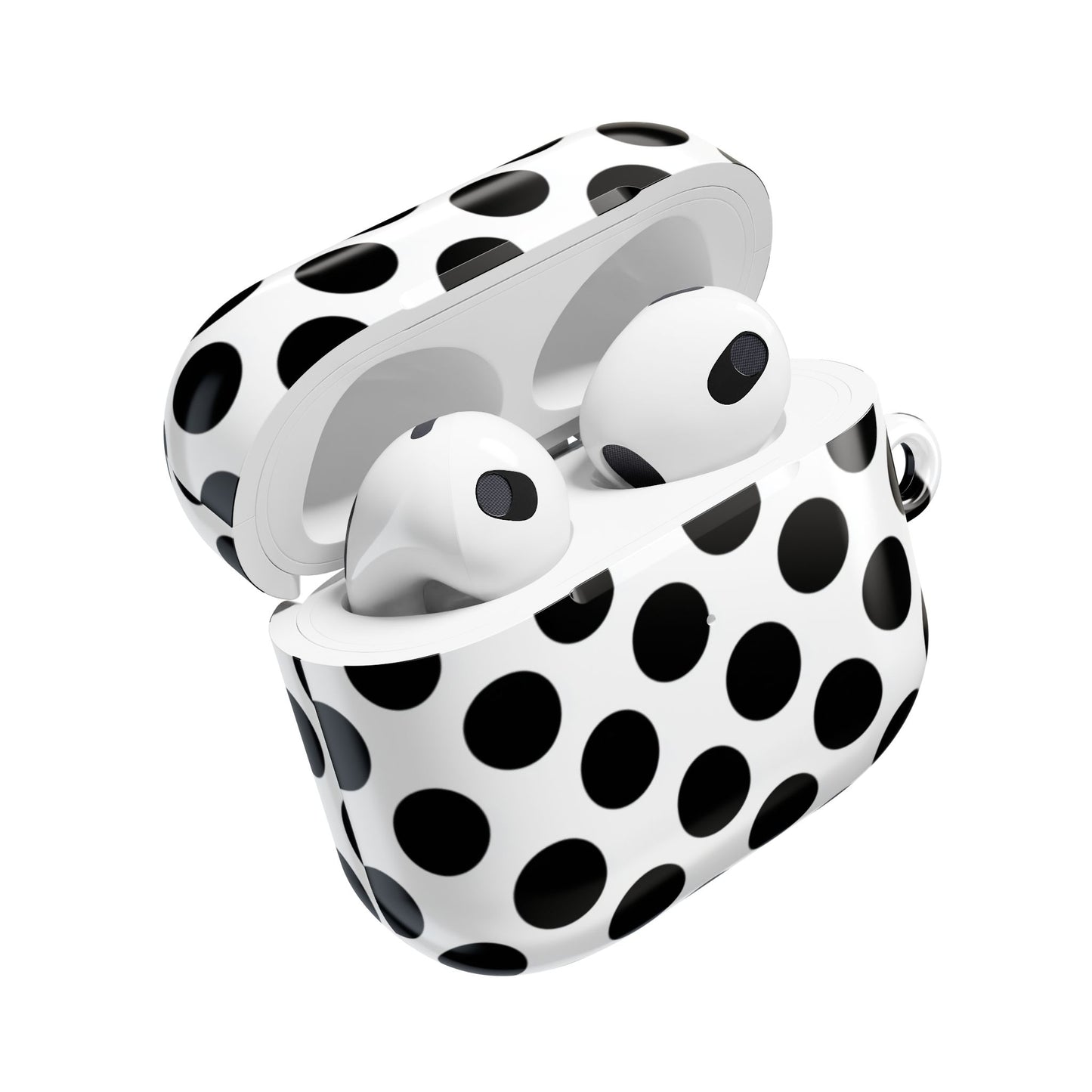 Black and white polka dot AirPods Gen 3 case – graphic dot design with carabiner clip
