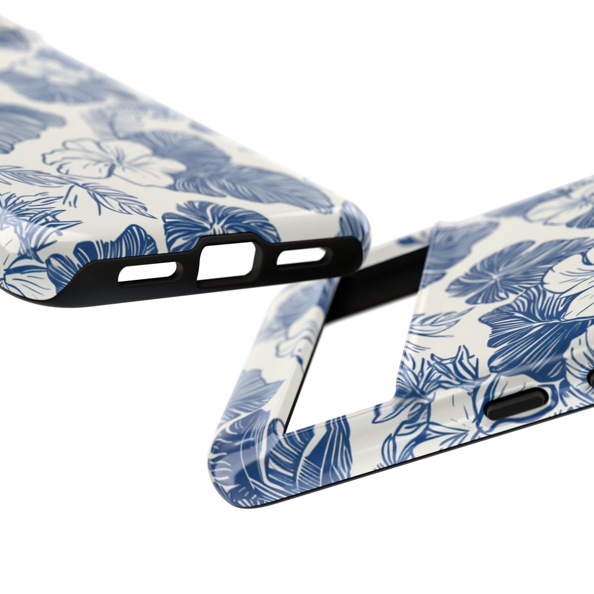 Elegant blue floral pattern phone case with shock-absorbing dual-layer construction for iPhone and Android
