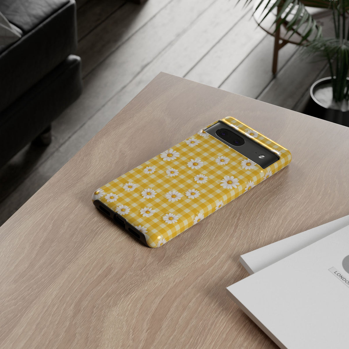 Coque de téléphone résistante à carreaux vichy Daisy - Coque de protection florale jaune style cottagecore pour iPhone, Samsung Galaxy et Google Pixel