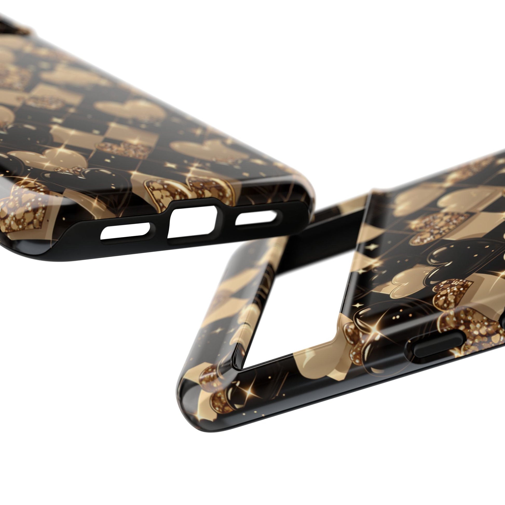 Sparkling gold heart phone case with black and gold glitter design - Premium dual-layer protection for iPhone, Samsung Galaxy & Google Pixel
