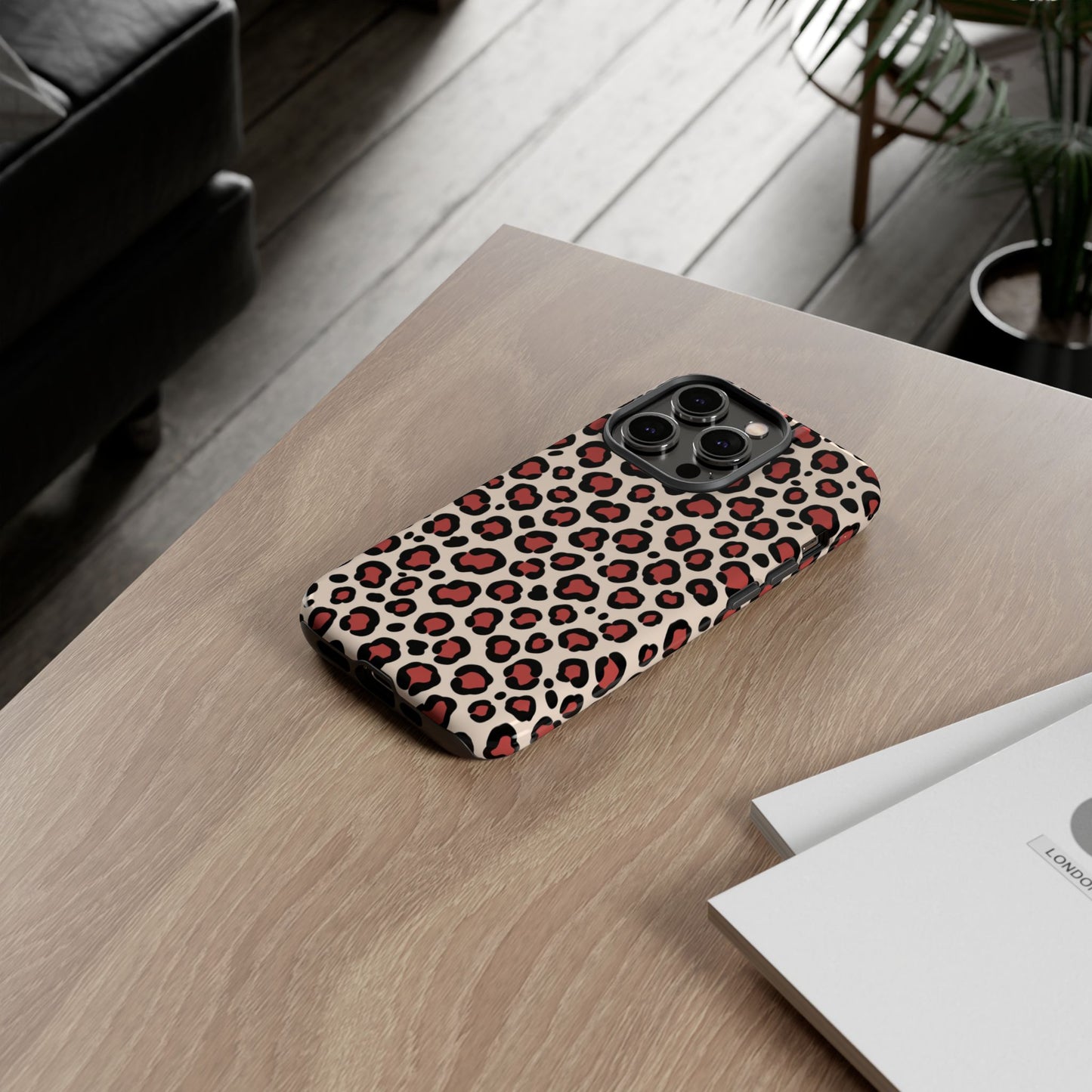 Burgunderrotes Leopardmuster Tough Handyhülle - Rot-Schwarz Tiermuster Schutzhülle für iPhone, Samsung Galaxy & Google Pixel