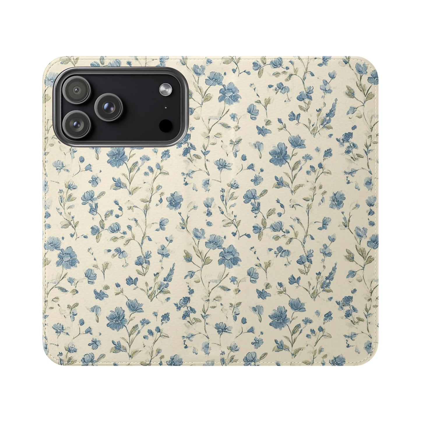 Étui portefeuille à rabat bleu vintage à motif floral avec emplacements pour cartes pour iPhone et Samsung Galaxy