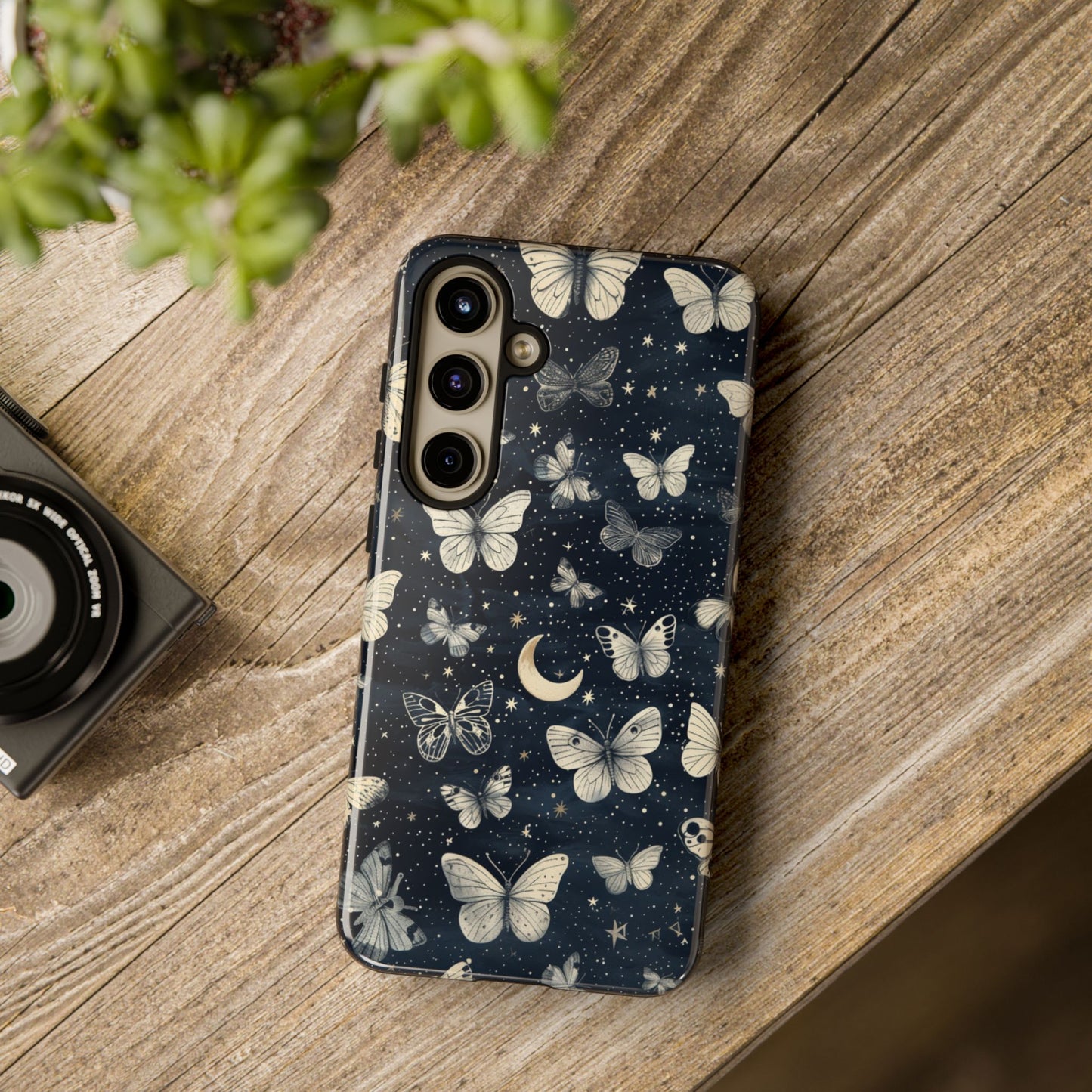 Funda protectora resistente con diseño de mariposa y luna - Diseño floral de cielo nocturno para iPhone, Samsung Galaxy y Google Pixel
