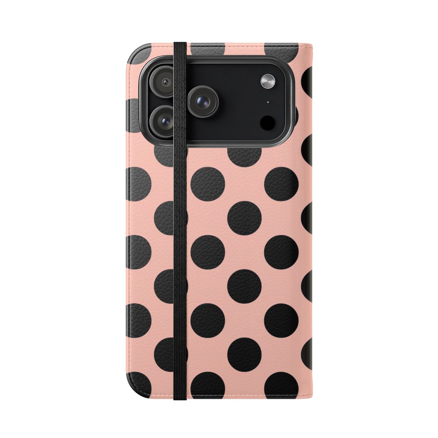 Pink polka dot phone case with built-in stand function - hands-free viewing for video calls and streaming