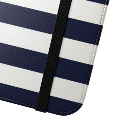 Timeless navy and white striped wallet folio phone case with built-in stand function for media viewing

