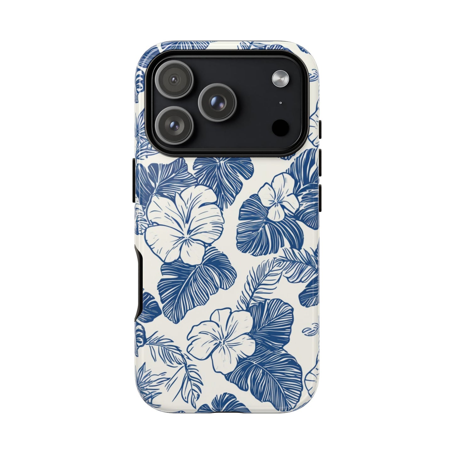 Blue hibiscus watercolor phone case with floral pattern on white background for iPhone Samsung Galaxy Google Pixel
