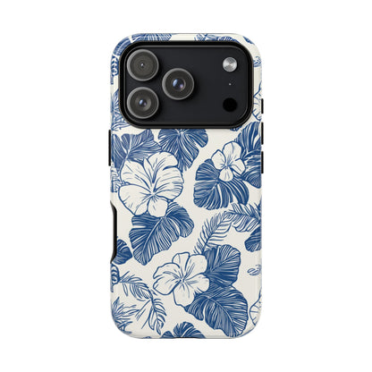 Blue hibiscus watercolor phone case with floral pattern on white background for iPhone Samsung Galaxy Google Pixel
