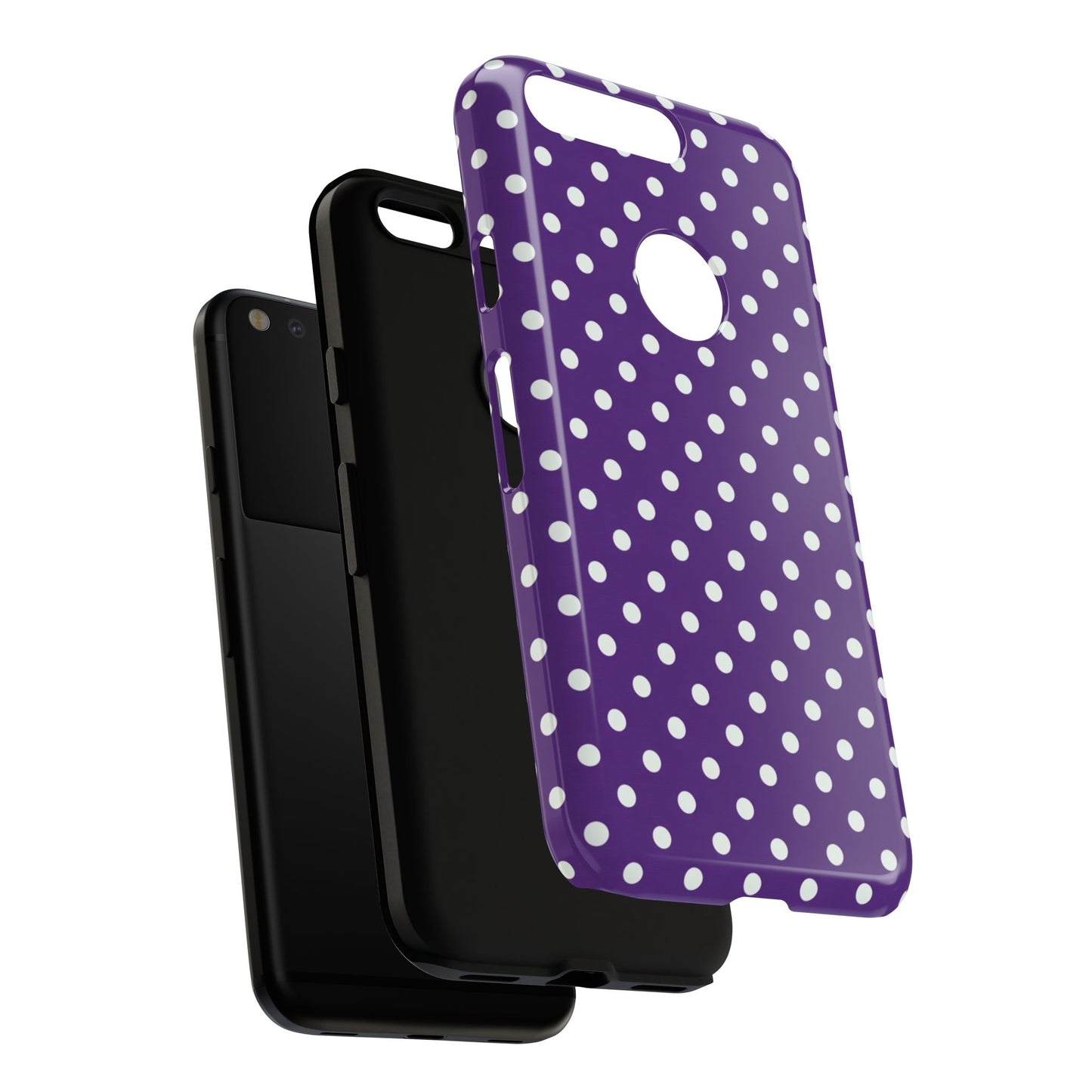 Purple polka dot phone case showing full-wrap 3D print - vibrant violet design for Samsung Galaxy S26, iPhone 16 & Google Pixel
