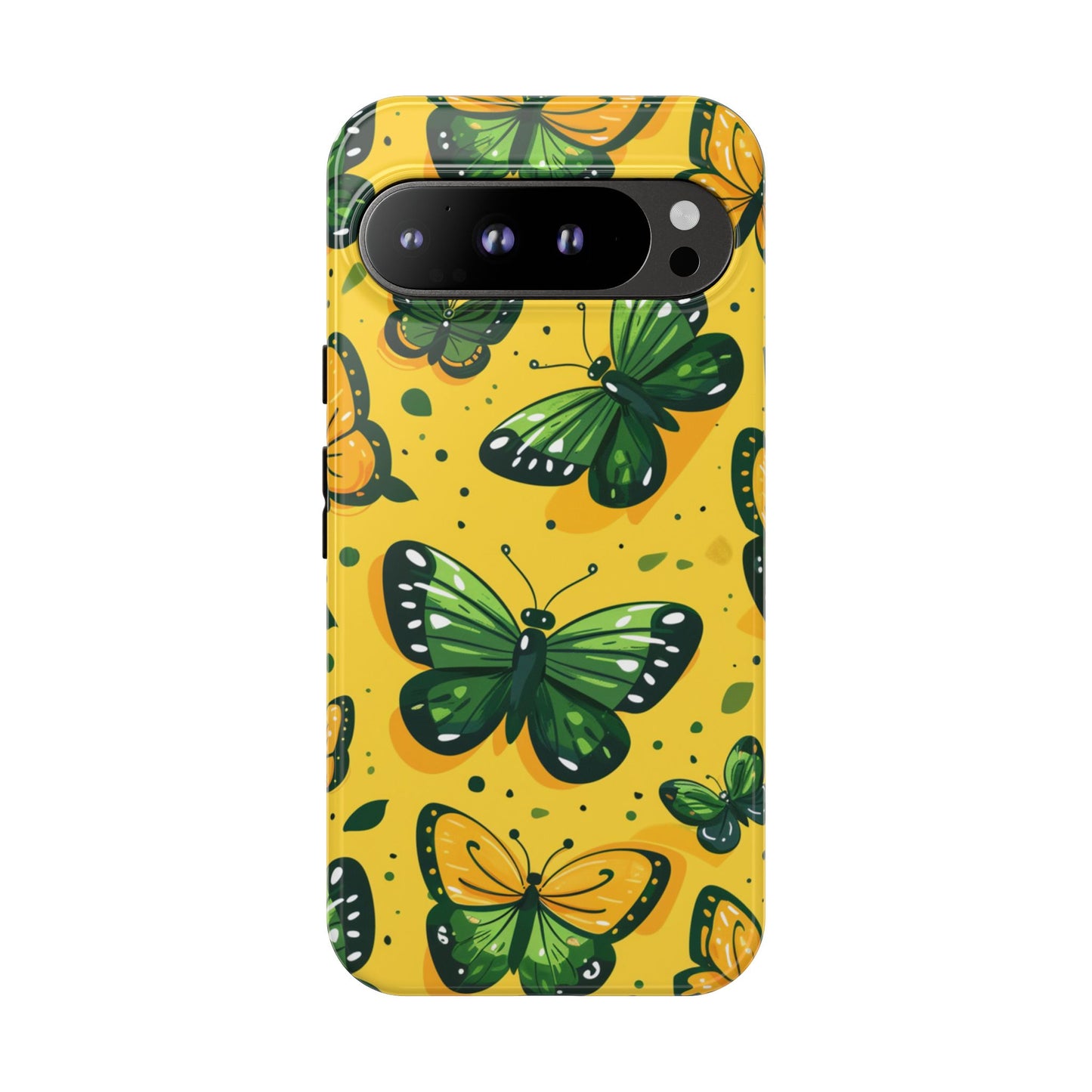 Robuste Handyhülle mit grünen Schmetterlingen – Schutzhülle mit gelbem Cartoon-Design für iPhone, Samsung Galaxy & Google Pixel