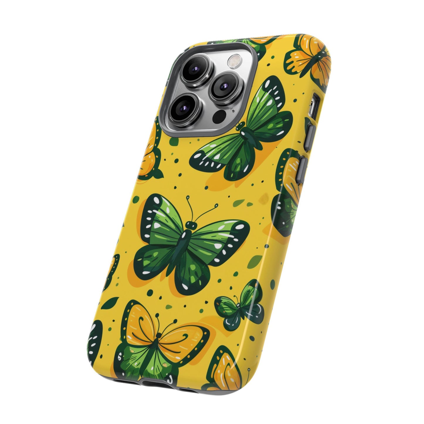 Green Butterflies Tough Phone Case - Yellow Cartoon Design Protective Cover for iPhone, Samsung Galaxy & Google Pixel
