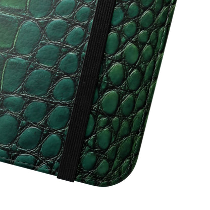 Premium green croc embossed flip phone case with card slots, magnetic closure and cruelty-free vegan leather exterior
