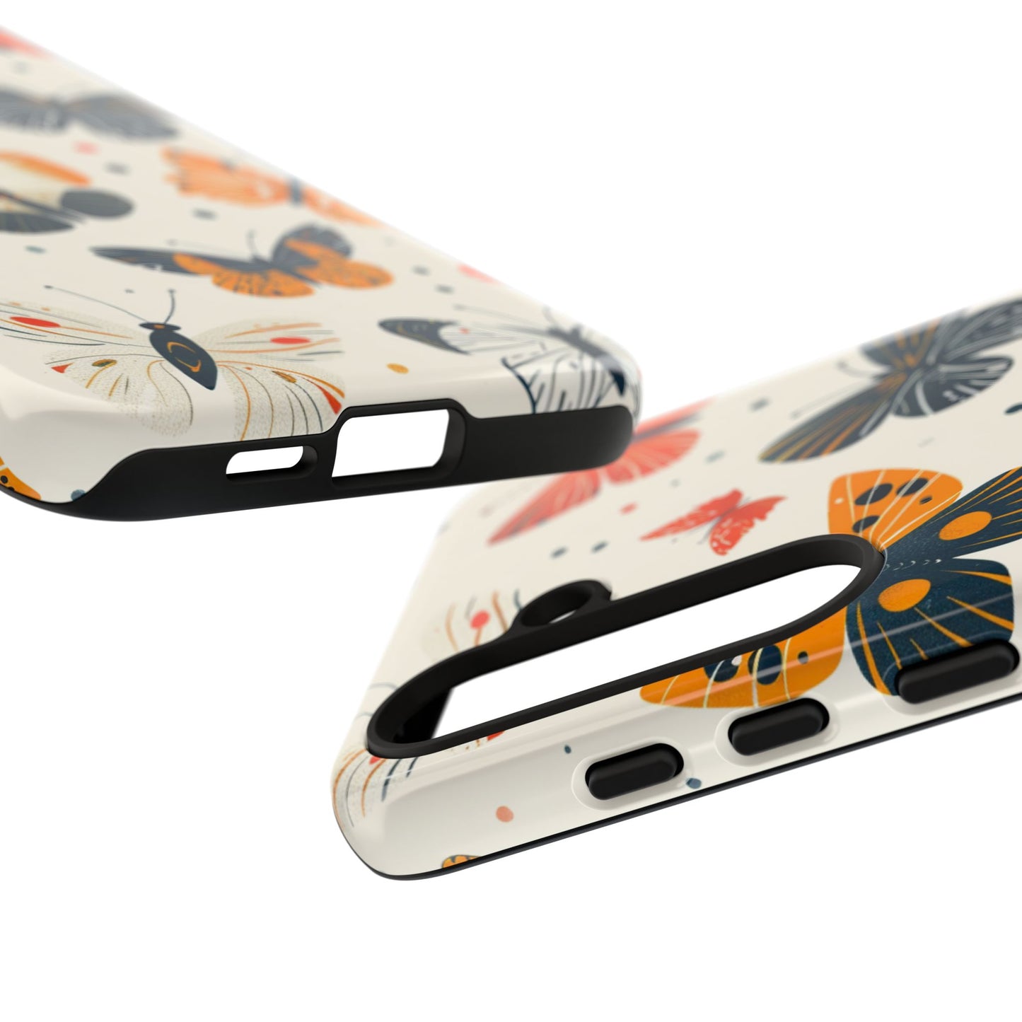 Orange navy butterfly phone case - nostalgic 1960s animation style tough case with shock-absorbing dual-layer protection

