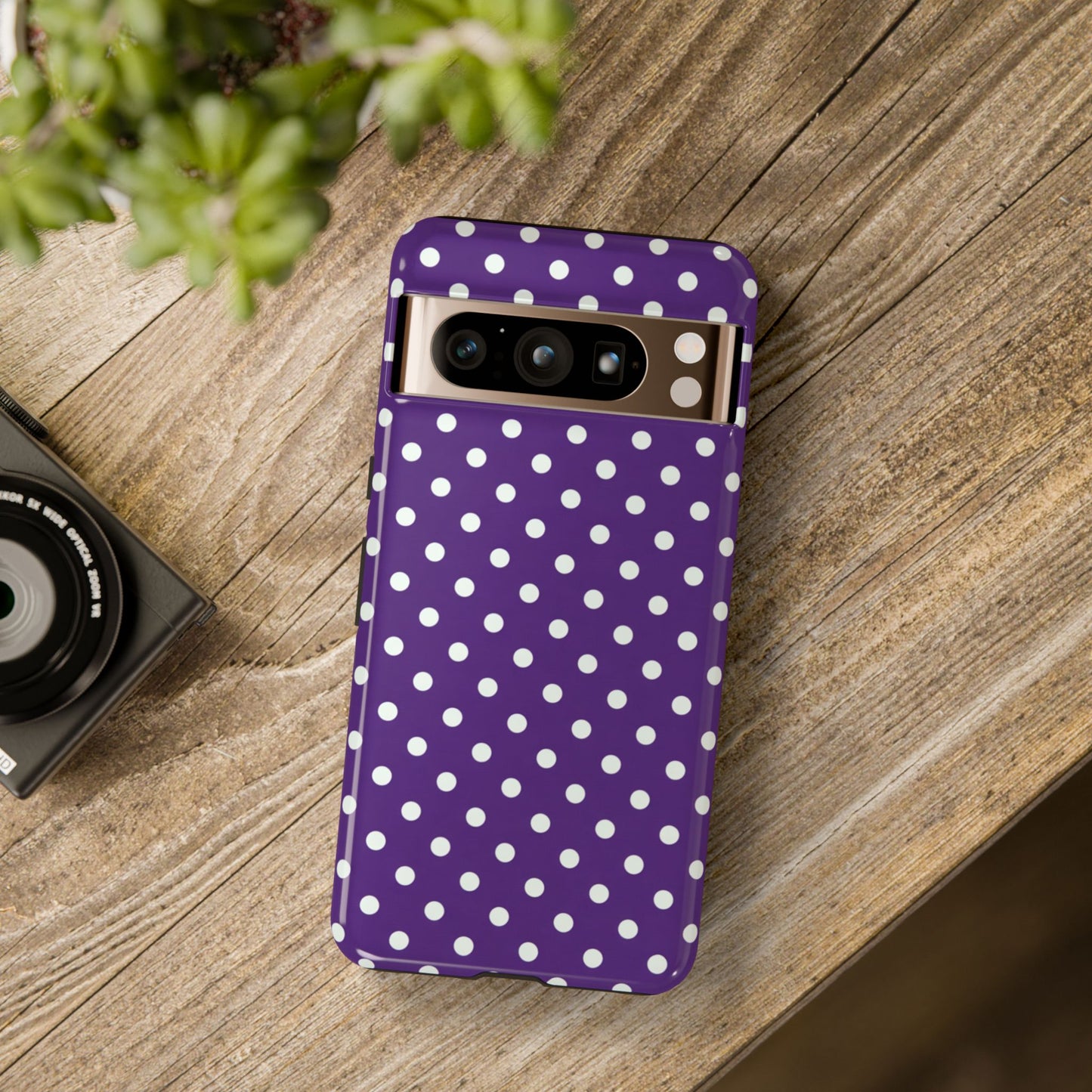 Lightweight purple polka dot phone case with white circles - slim protective cover for iPhone 17 Pro Max and Samsung S26
