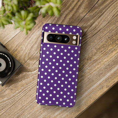 Lightweight purple polka dot phone case with white circles - slim protective cover for iPhone 17 Pro Max and Samsung S26
