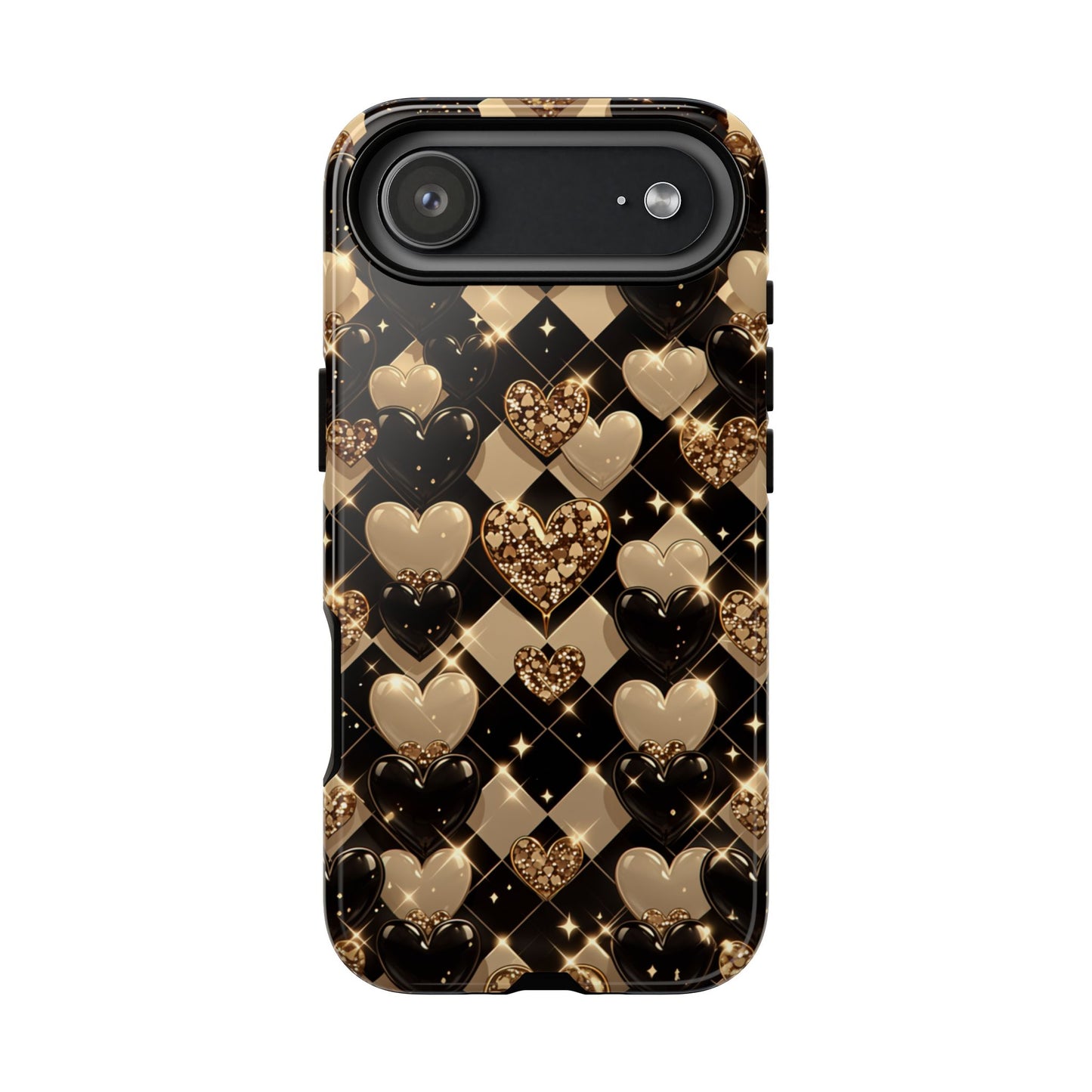 Luxe phone case featuring gold hearts and sparkles - Glamorous checkerboard pattern with wireless charging support
