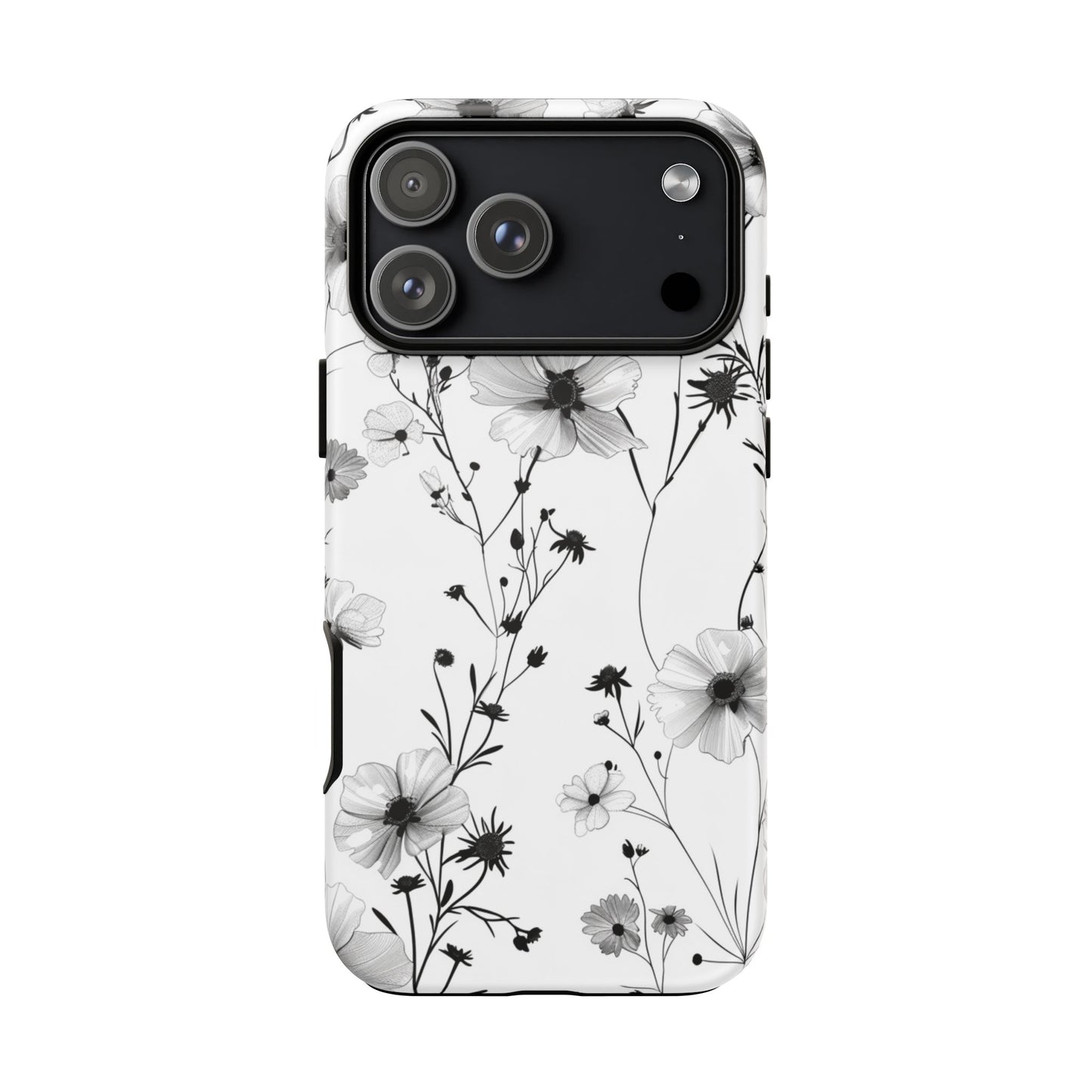 Blumen Tough Phone Case – Monochromes Schwarz-Weiß-Wildblumen Schutzcover für iPhone, Samsung Galaxy & Google Pixel