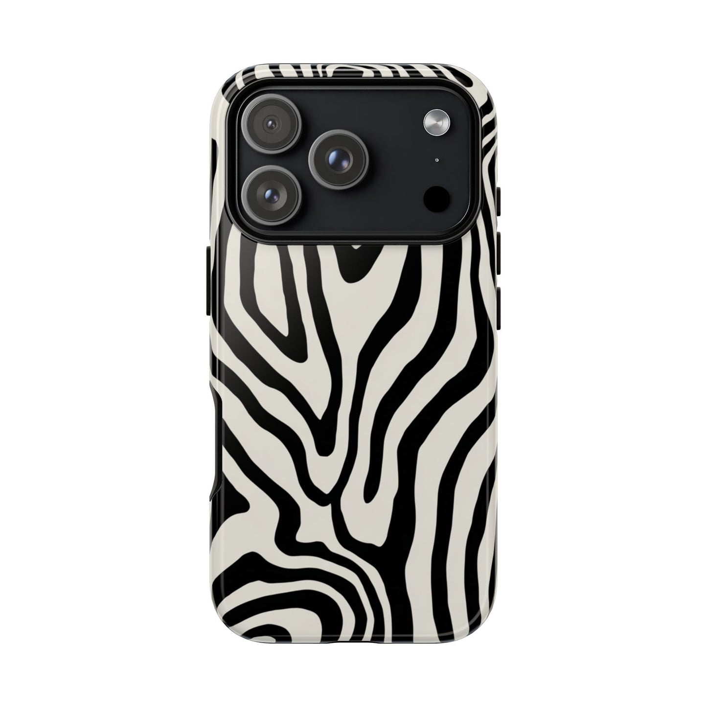 Bold graphic phone case for iPhone Samsung Pixel - zebra swirl pattern with high-density ink coverage
