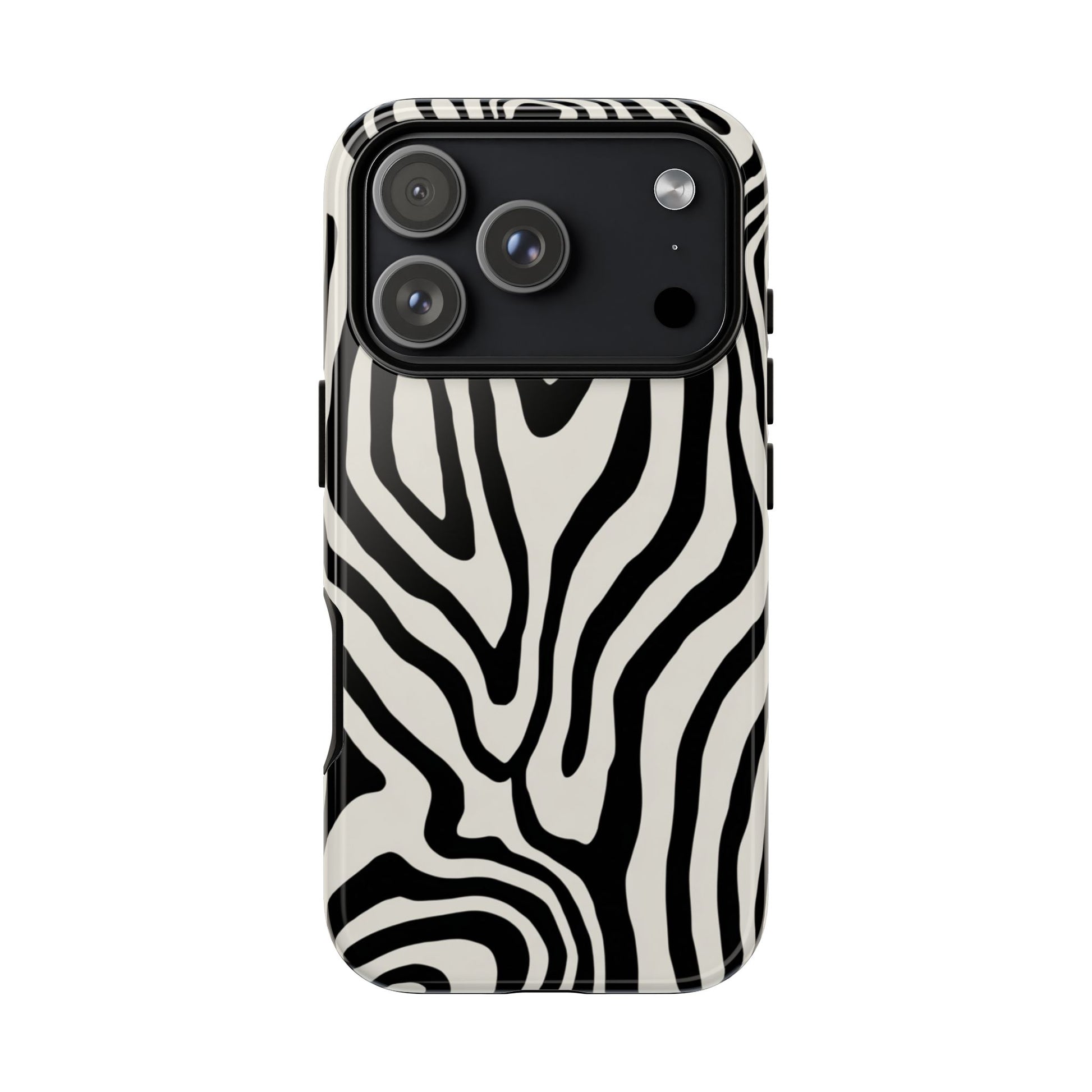 Bold graphic phone case for iPhone Samsung Pixel - zebra swirl pattern with high-density ink coverage
