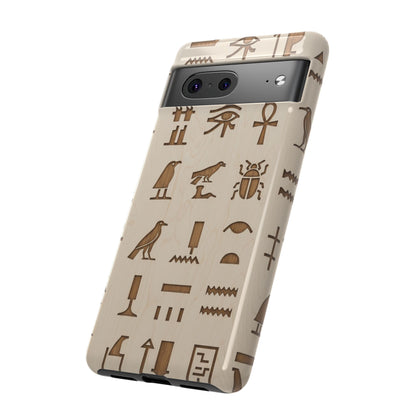 Egyptian Hieroglyphics Tough Phone Case - Wood Grain Ancient Symbols Protective Cover for iPhone, Samsung Galaxy & Google Pixel
