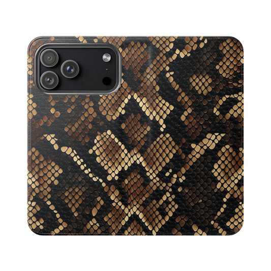 Snake print flip phone case with faux python leather wallet cover and card slots for iPhone and Samsung Galaxy
