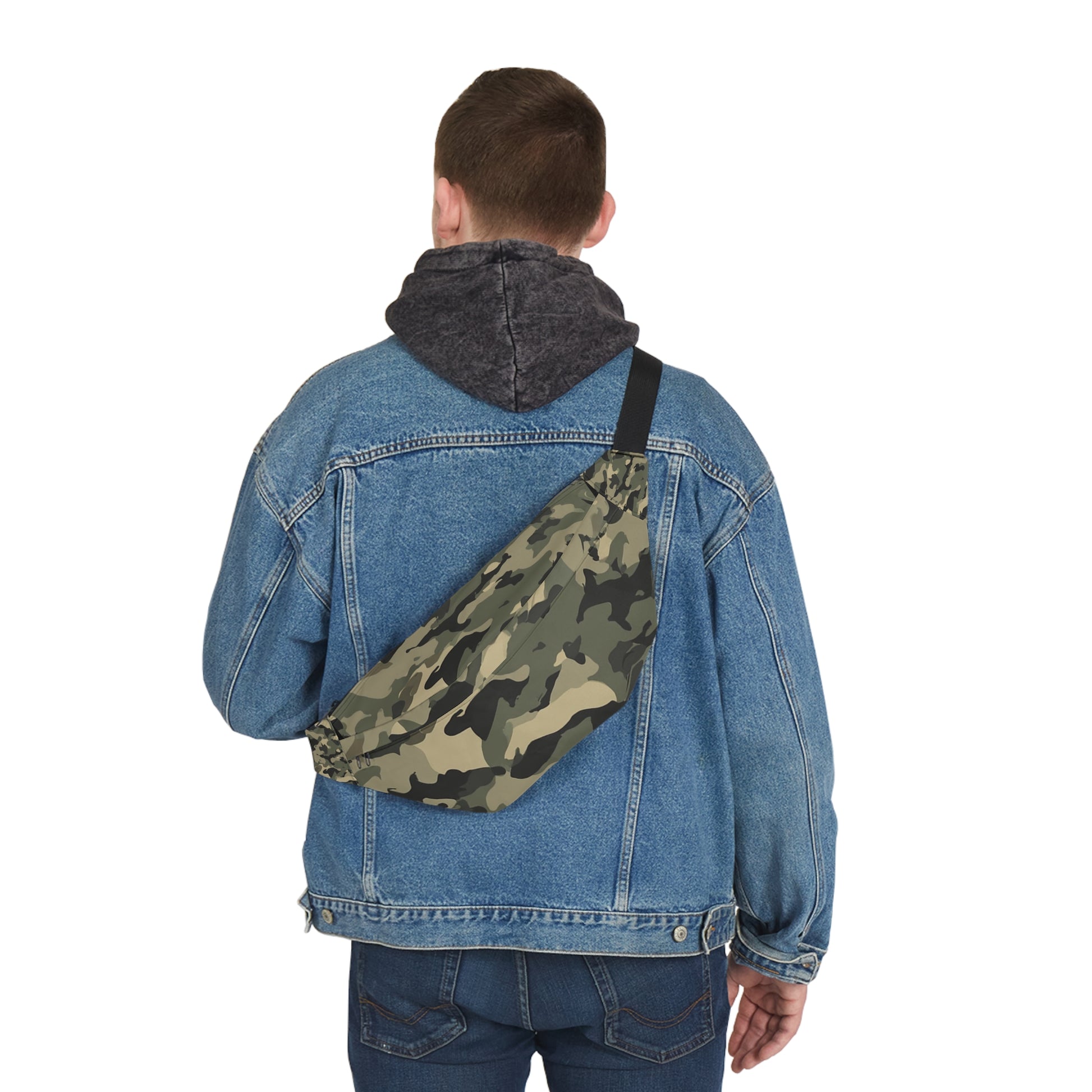 Man wearing camo military fanny pack at hip – large polyester canvas waist bag for streetwear
