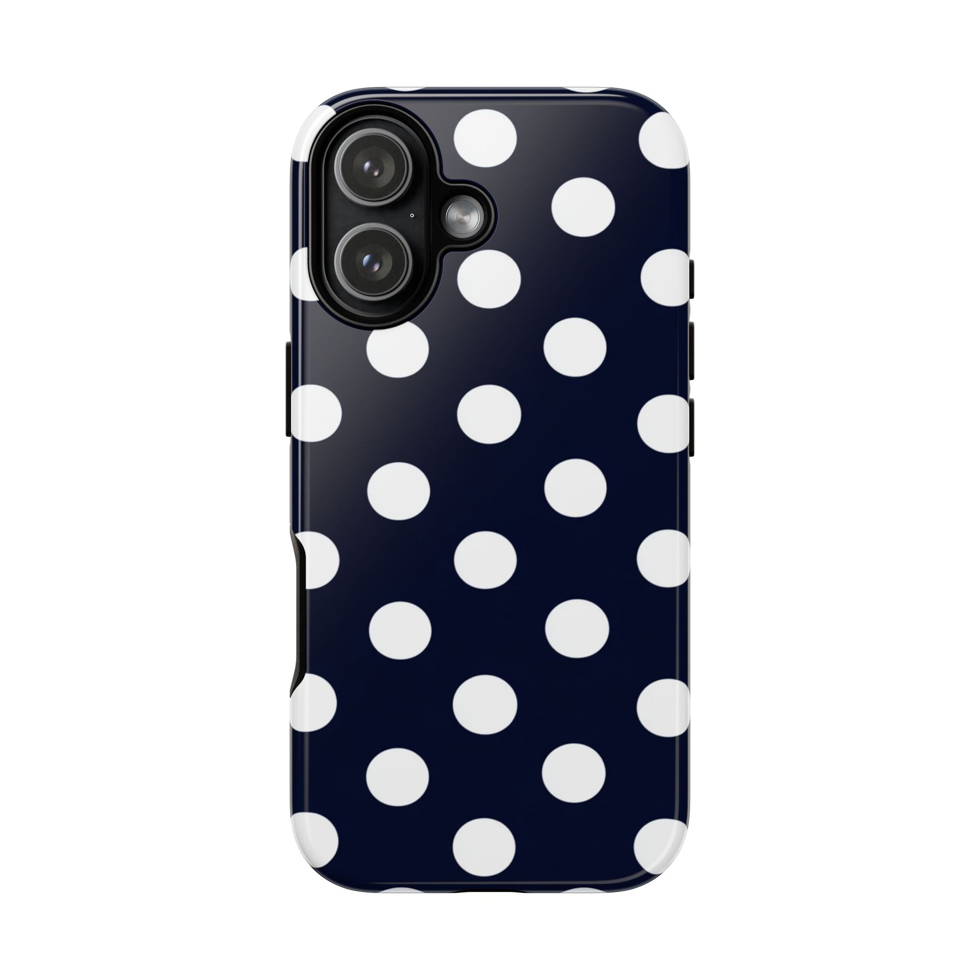 Tough protective phone case featuring timeless navy and white polka dot pattern
