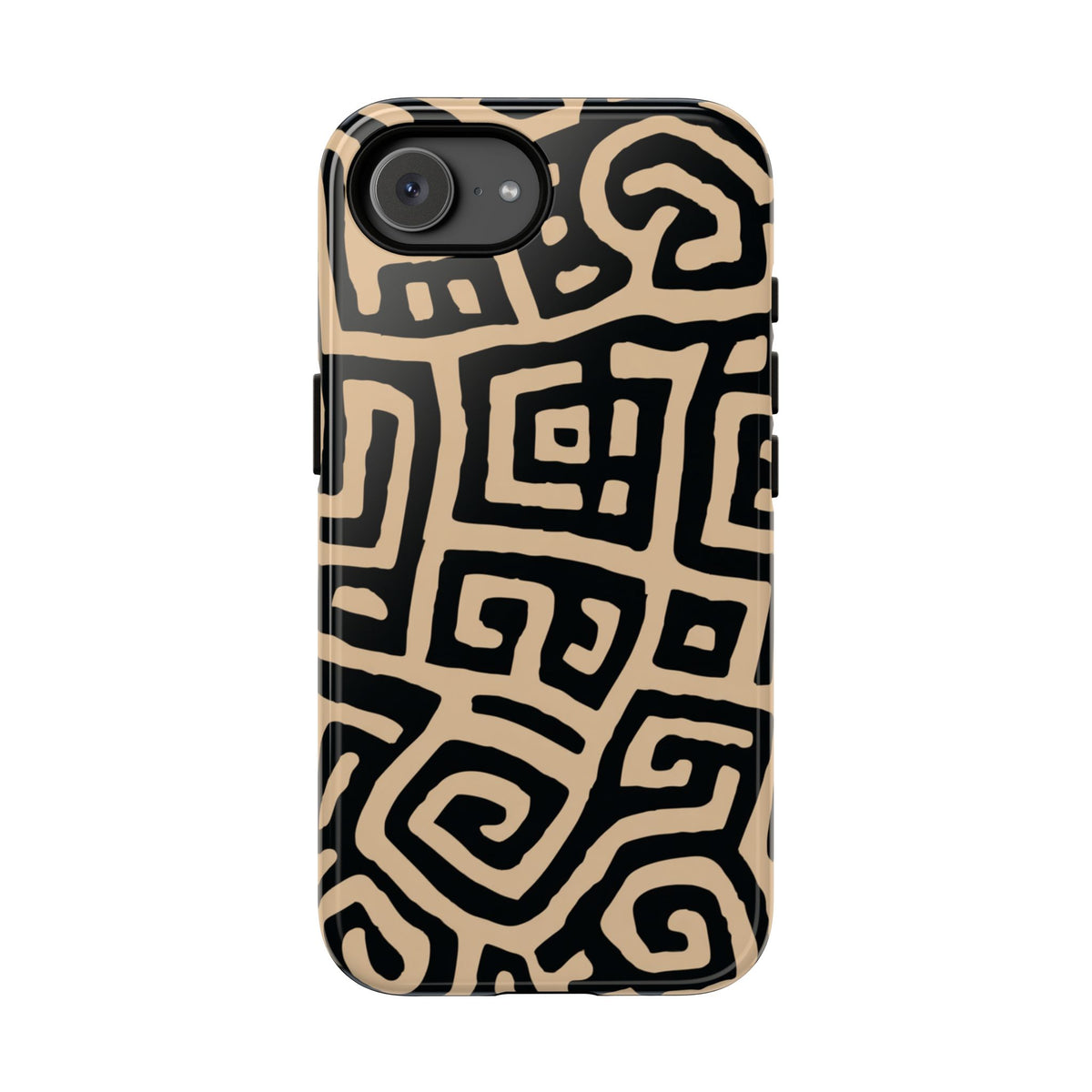 African Tribal Labyrinth Phone Case — Beige & Black Geometric Pattern Protective Cover for iPhone, Samsung Galaxy & Google Pixel
